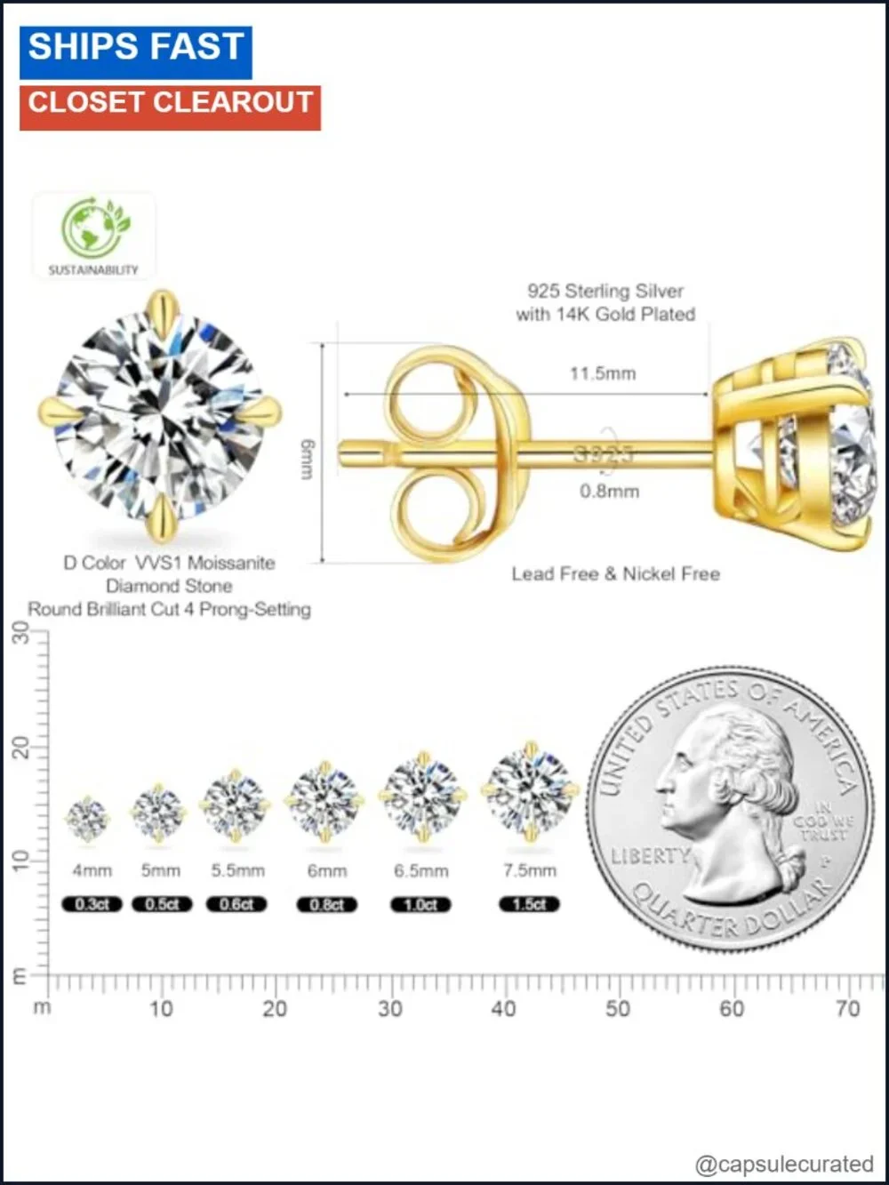 Moissanite Stud Earrings 5.0mm D Color VVS1 14K Gold Plated S925 Sterling